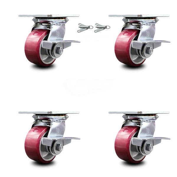 Service Caster 4 Inch Poly on Aluminum Caster Set with Roller Bearing 4 Brake and 2 Swivel Lock SCC-35S420-PAR-SLB-BSL-2-SLB-2 - main